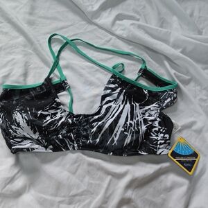 New Fabletics Clair Midi Green And Black Pattern Tie Back Bikini Top
